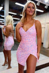 Coral V-Neck Sequined Short Homecoming Dress