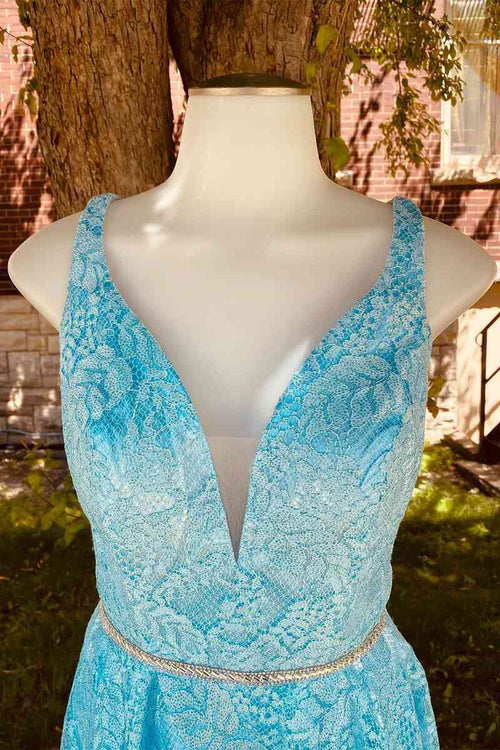 A-Line Blue Lace Short Homecoming Dress