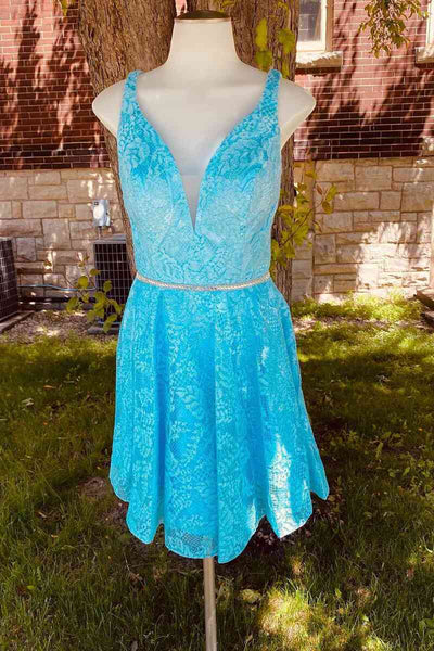 A-Line Blue Lace Short Homecoming Dress