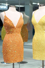 Chic Straps Orange Sequined Tight Homecoming Dress