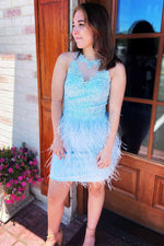 Illusion Crew Neck Light Blue Homecoming Dress with Feather
