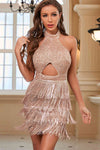Halter Rose Gold Sequined Bodycon Party Dress with Tassel