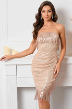 Strapless Rose Gold Sequined Tight Party Dress