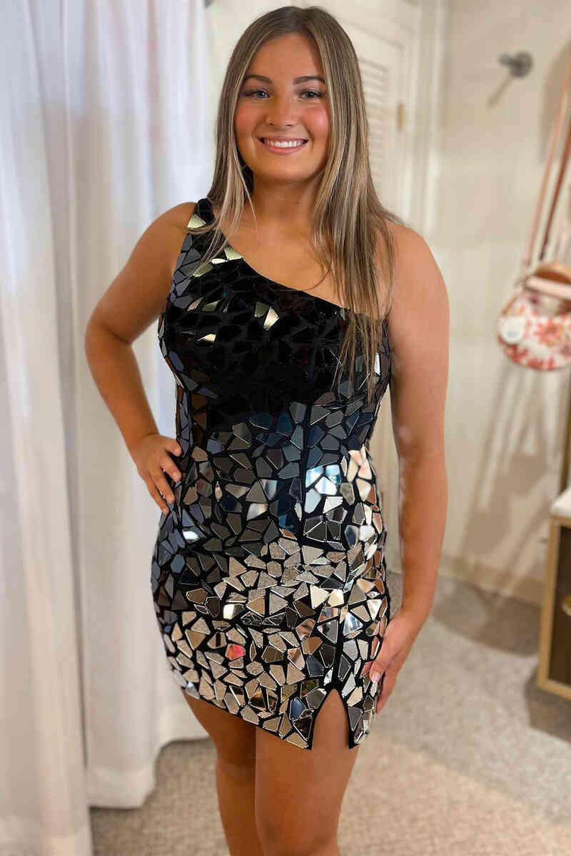 Black and Silver Cut Mirror Sequins Bodycon Homecoming Dress FancyVestido Black and Silver Cut Mirror Sequins Bodycon Homecoming Dress FancyVestido