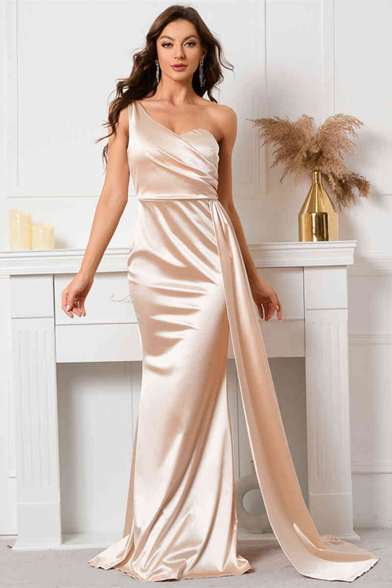 One Shoulder Champagne Long Evening Dress with Streamer  FancyVestido