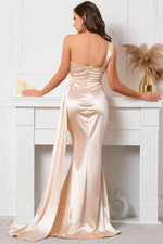 One Shoulder Champagne Long Evening Dress with Streamer