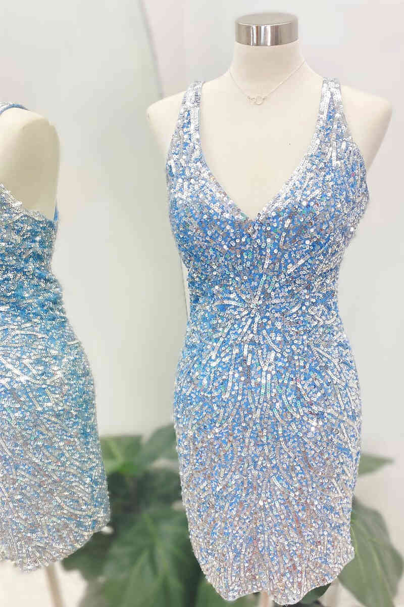 Glitter V-Neck Blue and Silver Sequins Homecoming Dress