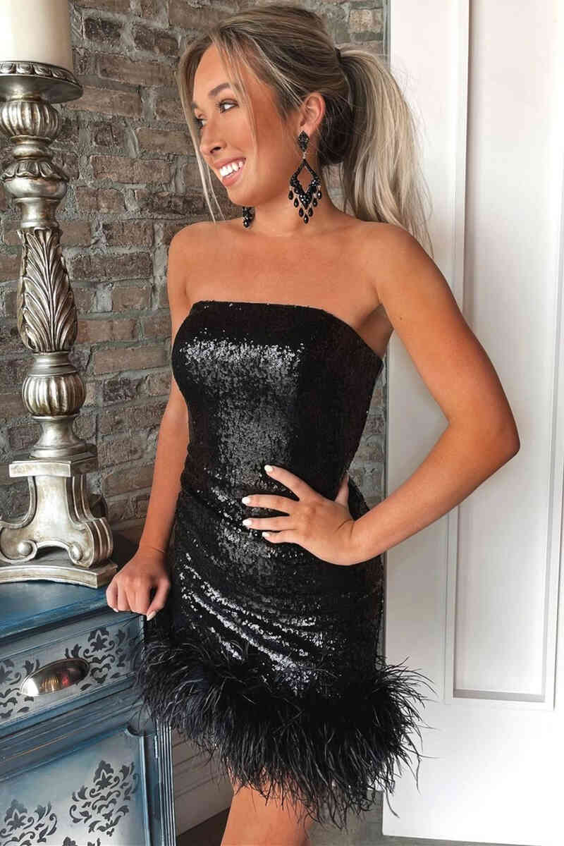 Strapless Black Sequins Tight Homecoming Dress with Feather Hem FancyVestido Strapless Black Sequins Tight Homecoming Dress with Feather Hem FancyVestido