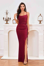 Side Slit Straps Burgundy Velvet Long Evening Dress