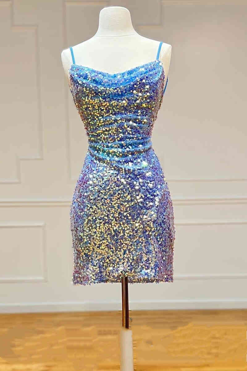 Tie Back Blue Iridescent Sequin Bodycon Homecoming Dress