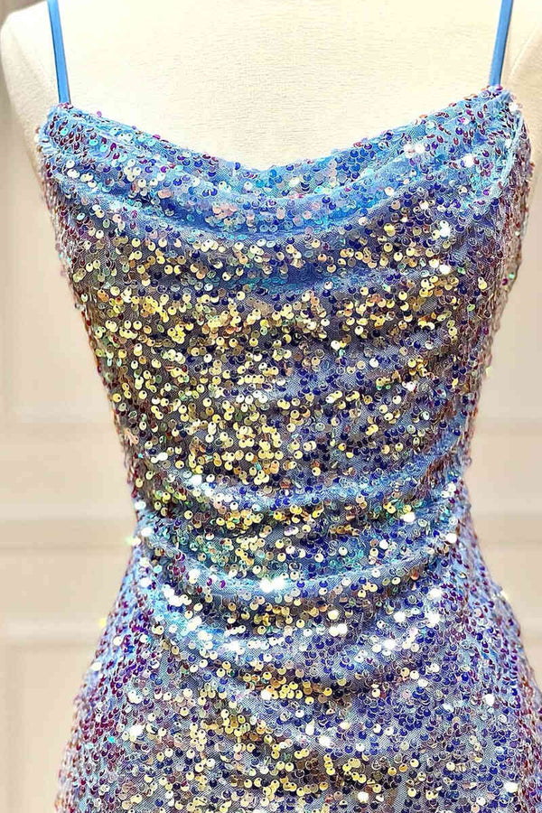 Tie Back Blue Iridescent Sequin Bodycon Homecoming Dress