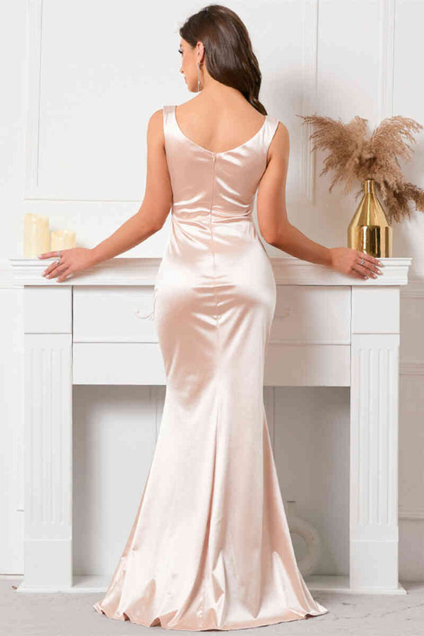 Champagne V-Neck Ruched Satin Long Evening Dress