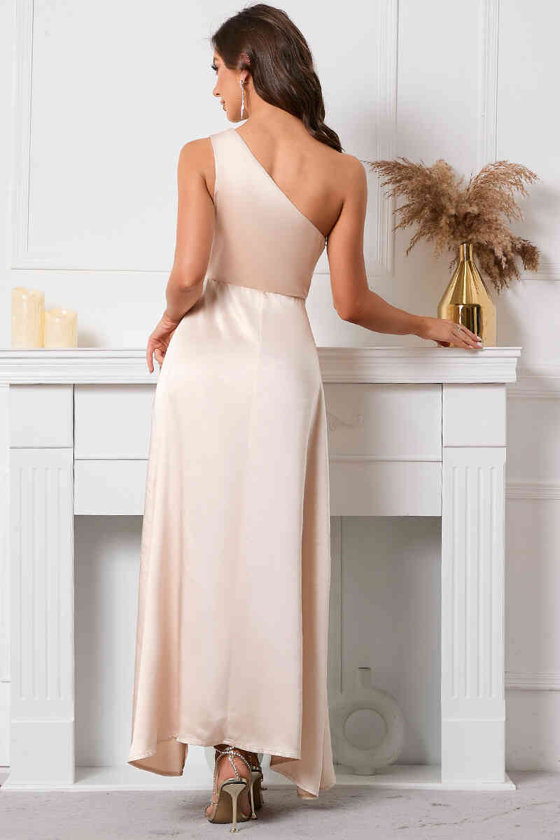 Simple One Shoulder Champagne Evening Dress with Slit
