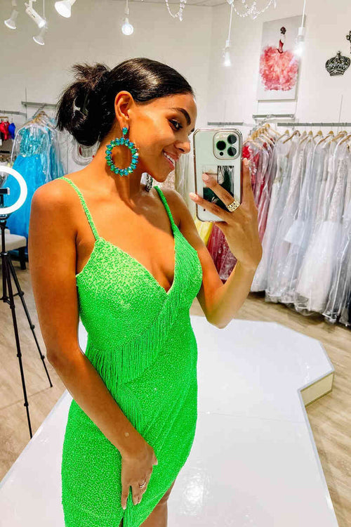 Neon Green Straps Tight Homecoming Dress with Tassel
