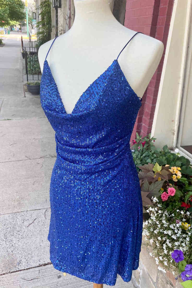 Cowl Neck Straps Blue Sequined Short Homecoming Dress