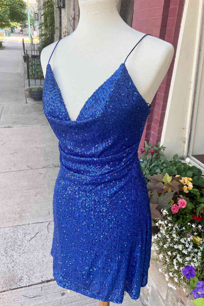Cowl Neck Straps Blue Sequined Short Homecoming Dress FancyVestido Cowl Neck Straps Blue Sequined Short Homecoming Dress FancyVestido