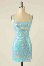 Double Straps Blue Sequined Bodycon Homecoming Dress