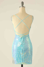 Double Straps Blue Sequined Bodycon Homecoming Dress