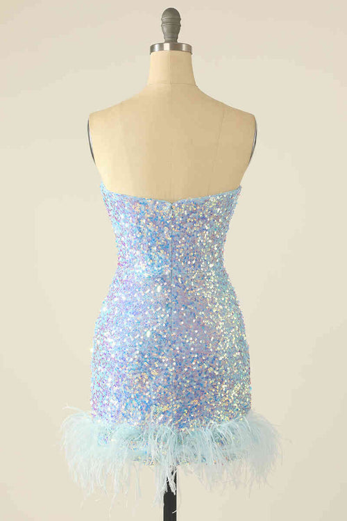 Tight Baby Blue Iridescent Sequins Homecoming Dress with Feather