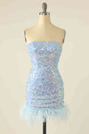 Tight Baby Blue Iridescent Sequins Homecoming Dress with Feather