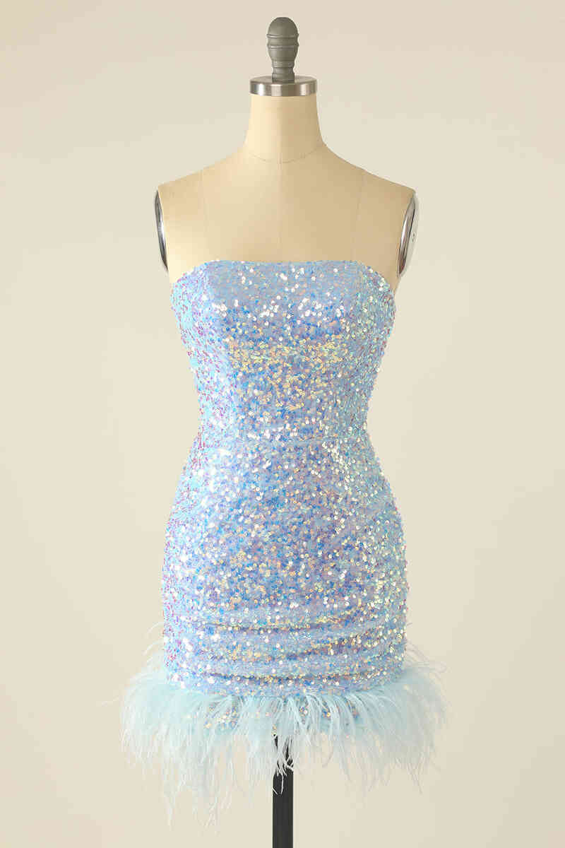 Tight Baby Blue Iridescent Sequins Homecoming Dress with Feather FancyVestido Tight Baby Blue Iridescent Sequins Homecoming Dress with Feather FancyVestido