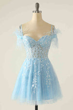 Feather Cold Shoulder Lavender Appliqued Short Homecoming Dress