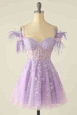 Feather Cold Shoulder Lavender Appliqued Short Homecoming Dress