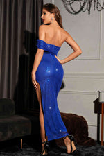 Sexy Off the Shoulder Blue Sequined Long Evening Dress