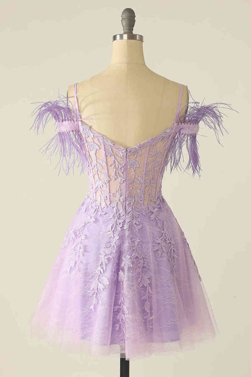 Feather Cold Shoulder Lavender Appliqued Short Homecoming Dress