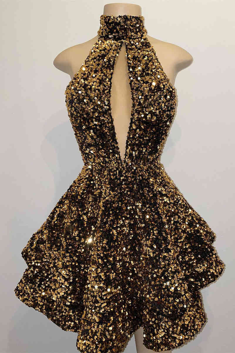 Glitter Halter Gold Sequins A-Line Short Party Dress FancyVestido Glitter Halter Gold Sequins A-Line Short Party Dress FancyVestido