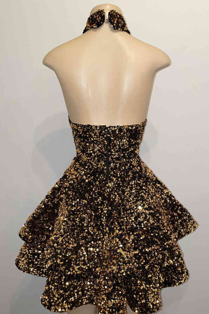 Glitter Halter Gold Sequins A-Line Short Party Dress