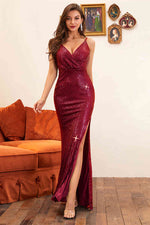 Side Slit Burgundy Sequins Long Evening Dress