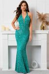 Glitter Halter Teal Sequins Mermaid Evening Dress
