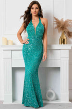 Glitter Halter Teal Sequins Mermaid Evening Dress