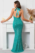 Glitter Halter Teal Sequins Mermaid Evening Dress
