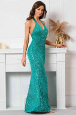 Glitter Halter Teal Sequins Mermaid Evening Dress