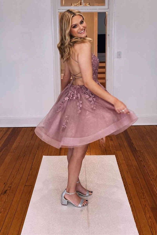 Lace-up Dusty Rose Appliques A-Line Short Homecoming Dress