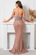 Elegant Off the Shoulder Mauve Sequins Long Evening Dress