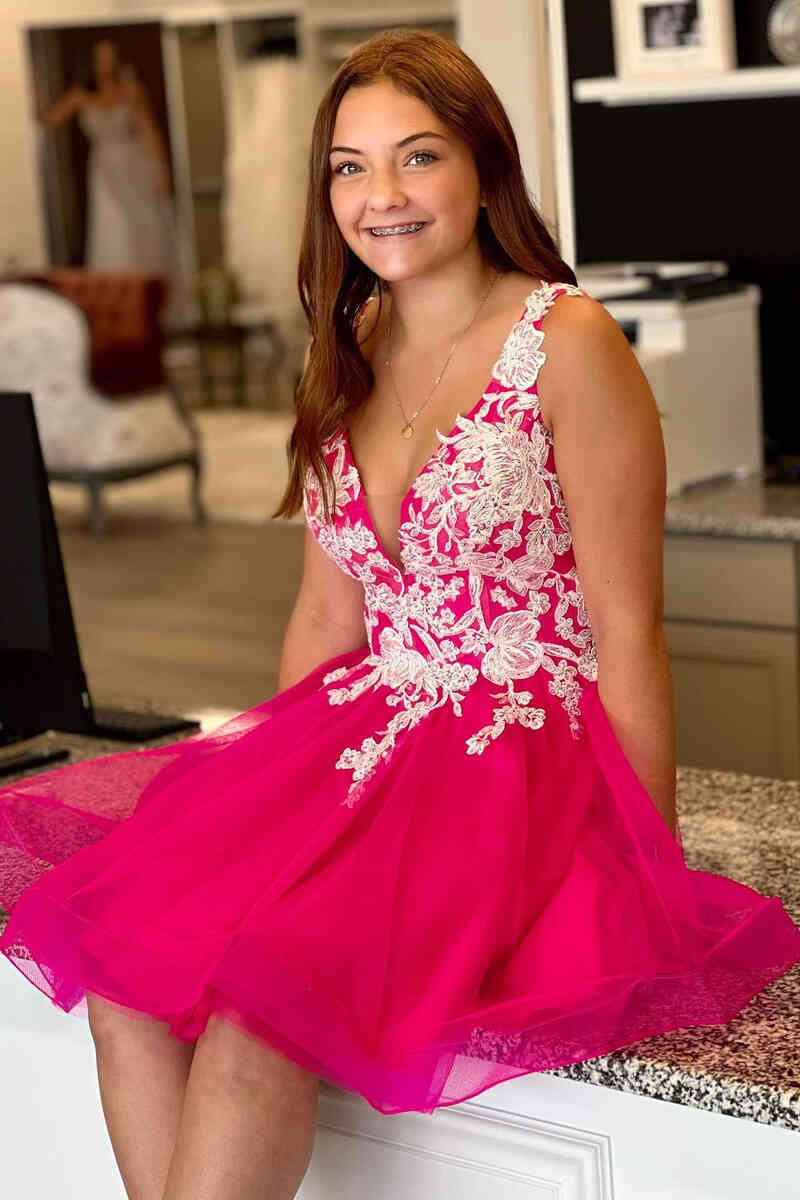 V-Neck Hot Pink Tulle Homecoming Dress with White Appliques