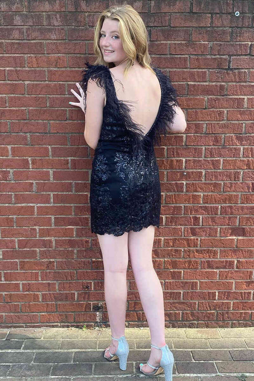 Black Feather Neck Lace Bodycon Homecoming Dress