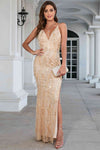 Straps V-Neck Gold Long Evening Dress with Sequin Tassels