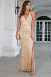 Straps V-Neck Gold Long Evening Dress with Sequin Tassels