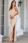 Straps V-Neck Gold Long Evening Dress with Sequin Tassels