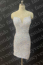 White Sequined Tight Homecoming Dress with Fringe