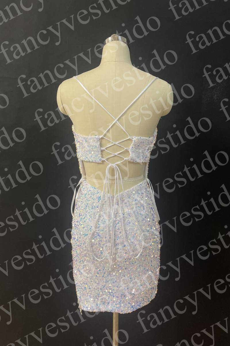 White Sequined Tight Homecoming Dress with Fringe