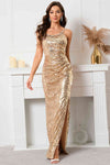 Straps Gold Sequined Long Evening Dress with Slit