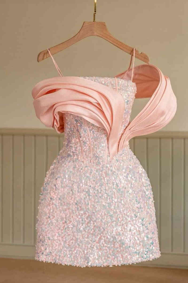 Chic Straps Pink Sequind Mini Homecoming Dress