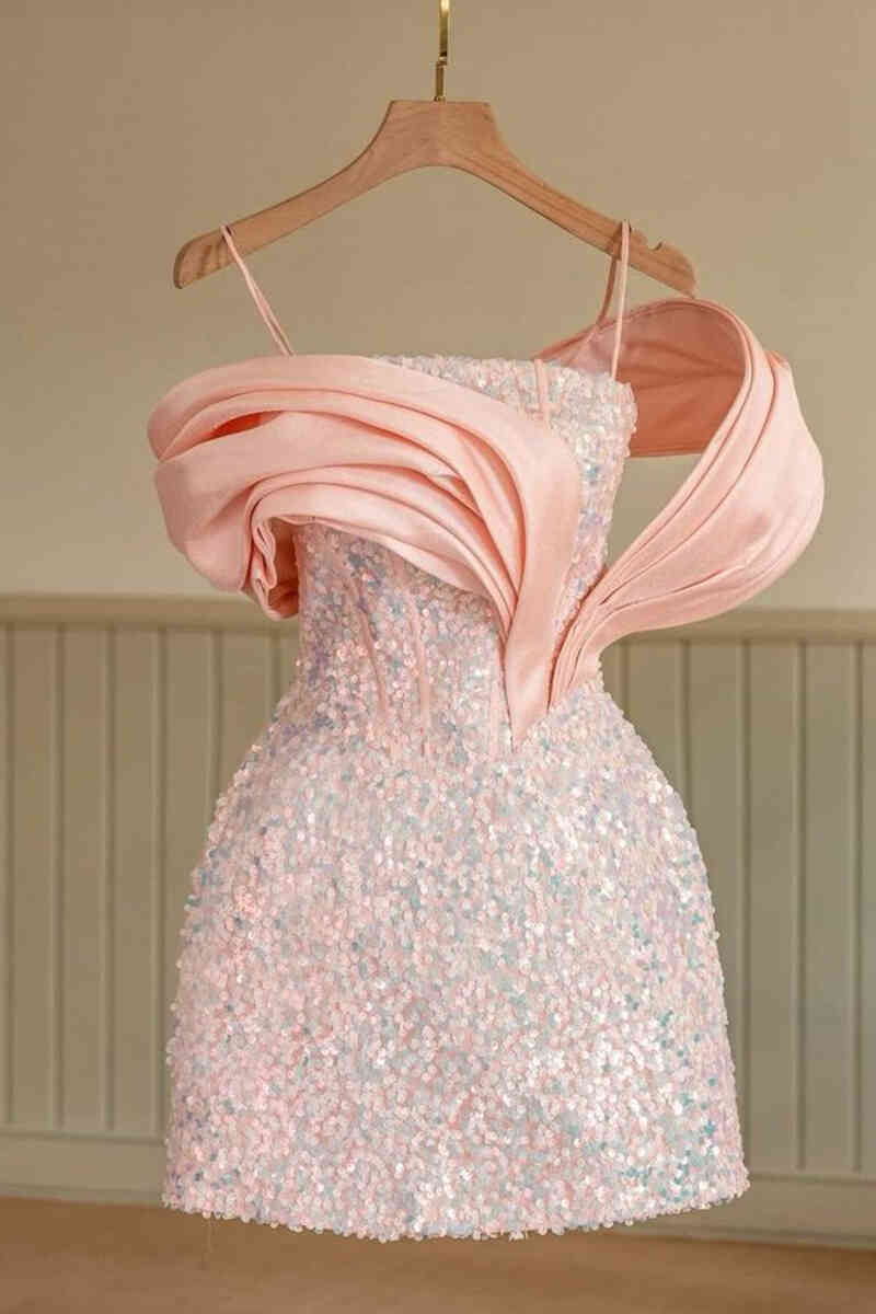 Chic Straps Pink Sequind Mini Homecoming Dress FancyVestido Chic Straps Pink Sequind Mini Homecoming Dress FancyVestido