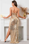 Straps Gold Sequined Long Evening Dress with Slit