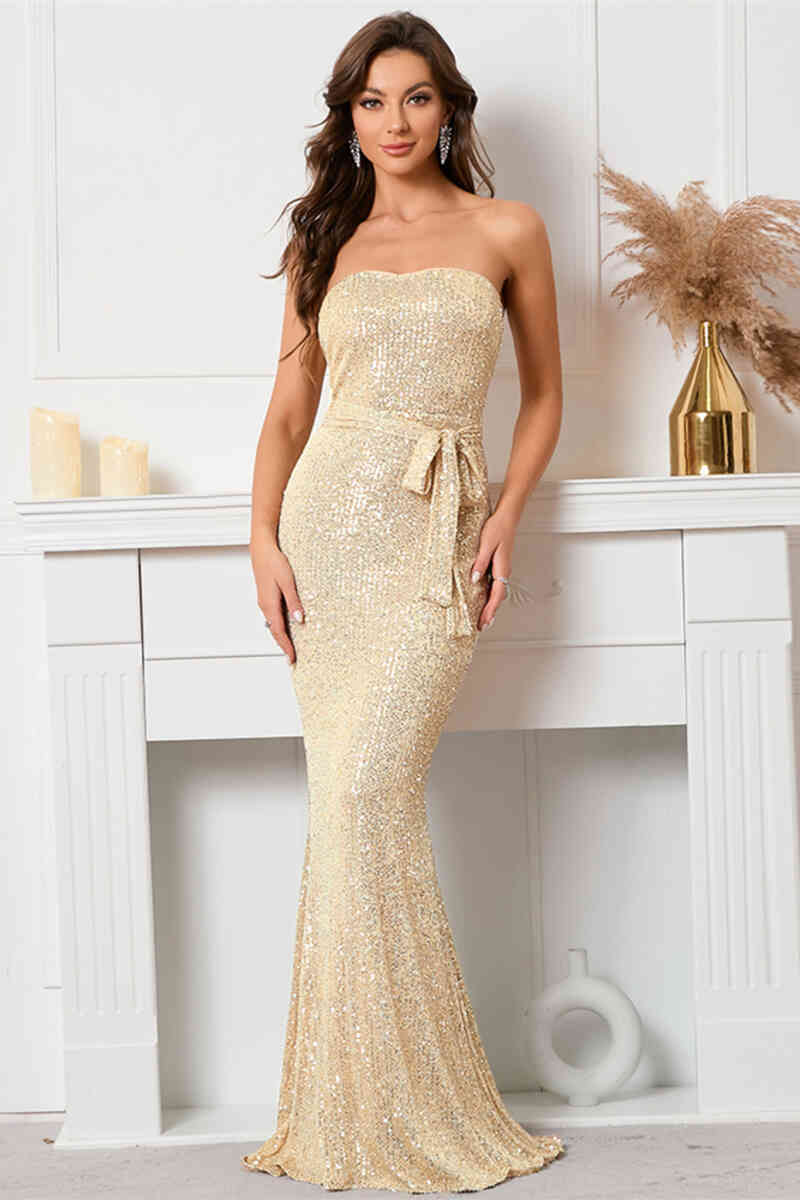 Mermaid Sweetheart Champagme Long Evening Dress with Belt